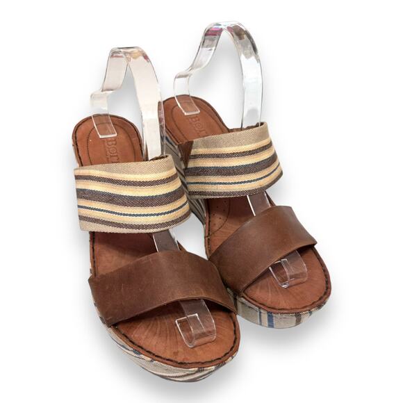 Born Leather And Striped Canvas Two Strap Platform Wedge Sandals Women's Size 10 - Picture 1 of 10